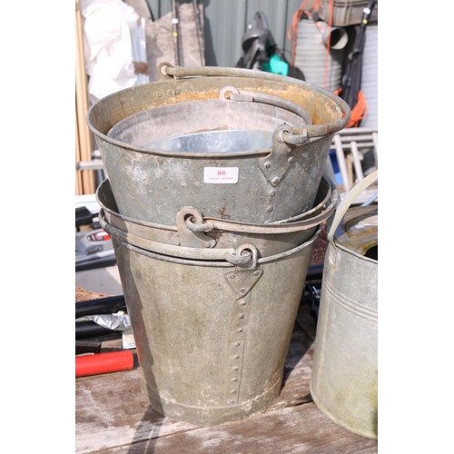 88 - 5 galvanised buckets, watering can, anchor & metal supports