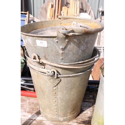 88 - 5 galvanised buckets, watering can, anchor & metal supports