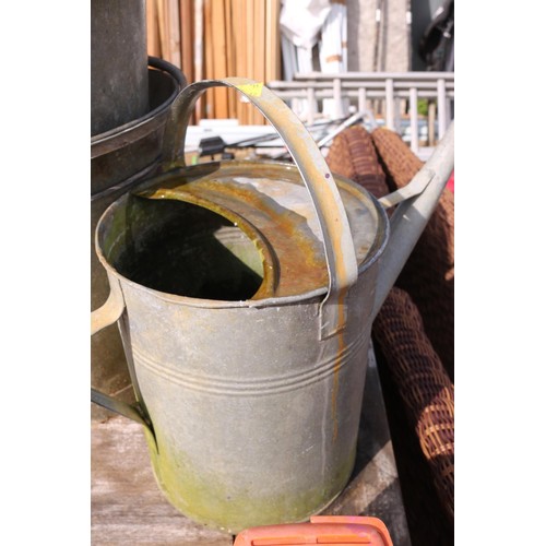 88 - 5 galvanised buckets, watering can, anchor & metal supports