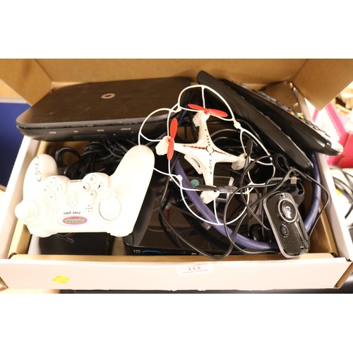 113 - Box of electronic misc, incl 2 Sky boxes - warranted until 12 noon Tuesday following the above sale