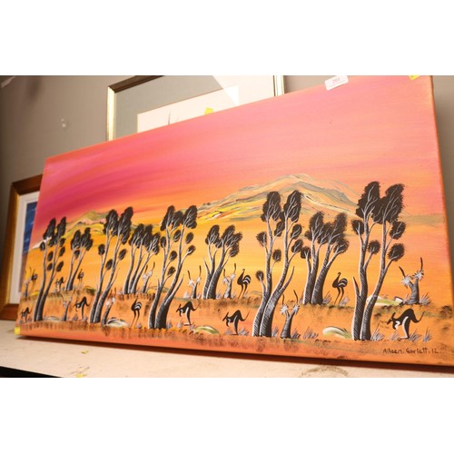 201 - Printing on canvas Australian outback Kangaroo's, signed Aileen Garlett 12