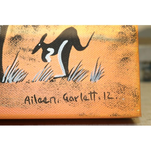 201 - Printing on canvas Australian outback Kangaroo's, signed Aileen Garlett 12