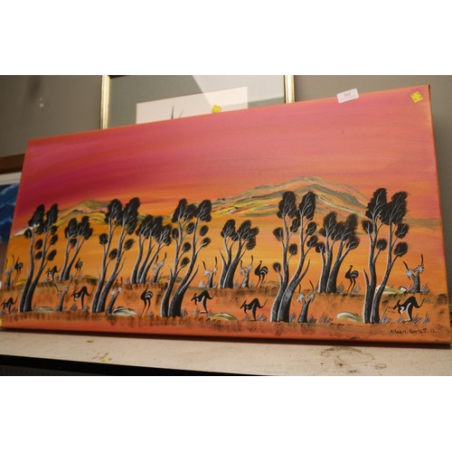 201 - Printing on canvas Australian outback Kangaroo's, signed Aileen Garlett 12