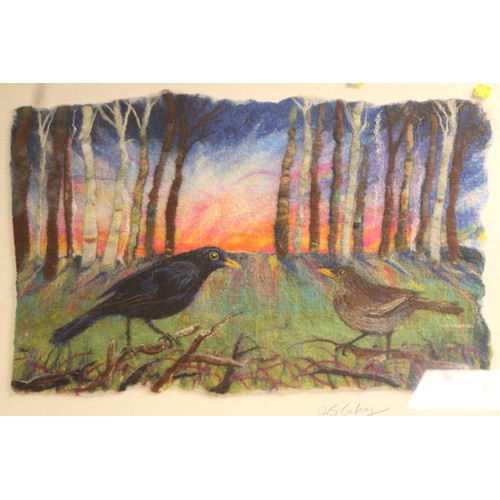 208 - Framed wool/textile ‘black birds in woodland’ picture