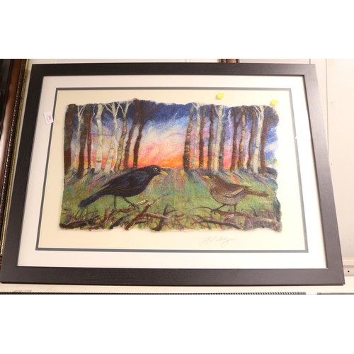 208 - Framed wool/textile ‘black birds in woodland’ picture