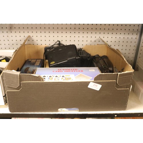 218 - Box of cameras, card machine, mini cutter, external odd & hod device