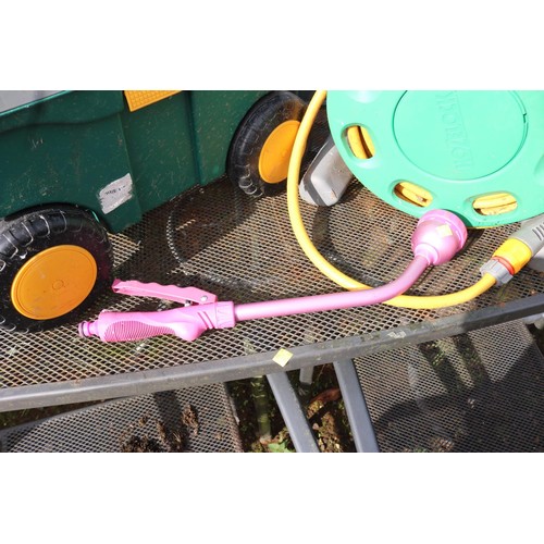 44 - Hose pipe, two stools, garden wheeler truck, hose attachment