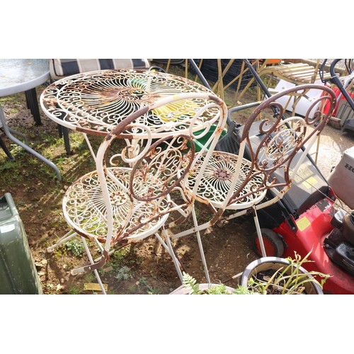 56 - Wrought metal garden table with 2 folding chairs