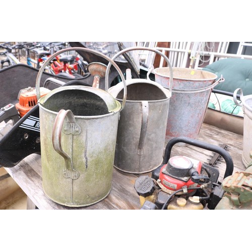 83 - 2 galvanised watering cans with galvanised fire bucket