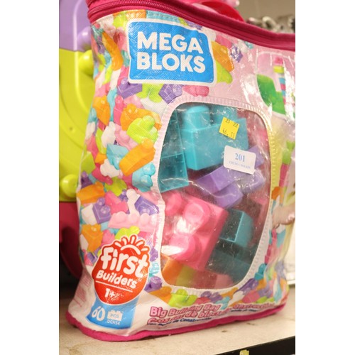 201 - Pink mega bloks play table & bag of bricks