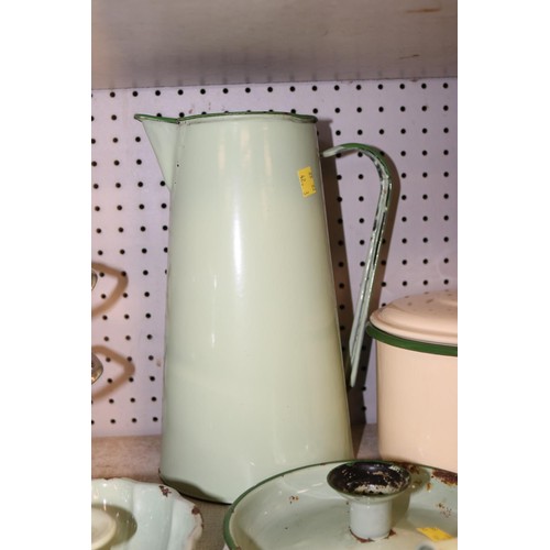 254 - Enamel jug, saucepan & candle holders