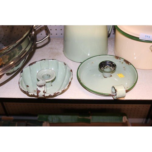 254 - Enamel jug, saucepan & candle holders