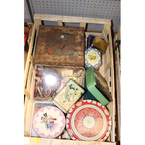 286 - 2 trays of vintage tins, cake tin, glass bottle, etc