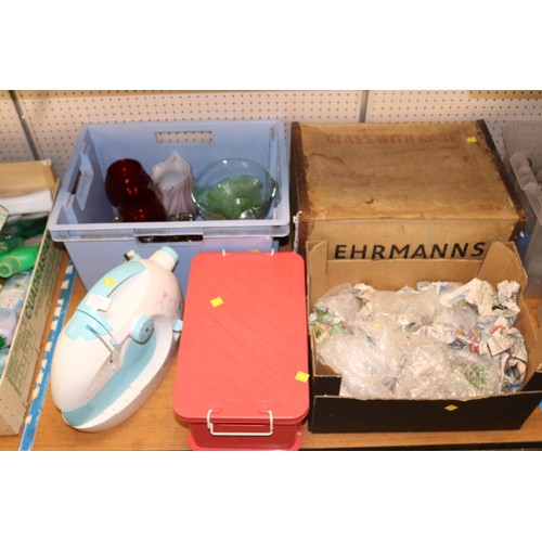 289 - 4 boxes of misc, incl Ehrmanns box, sewing machine (no leads), glassware