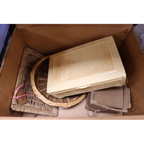 289 - 4 boxes of misc, incl Ehrmanns box, sewing machine (no leads), glassware