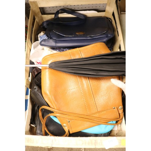 291 - 2 boxes of misc - handbags, oval wall mirror, cushion, brolly, etc