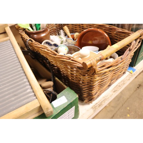 342 - 2 Box/basket kitchenalia, wooden, etc