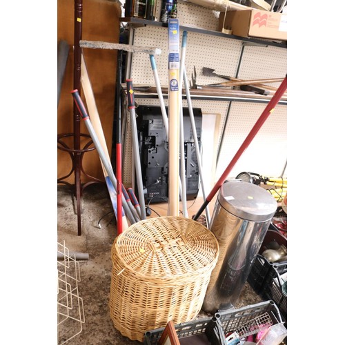 102 - Wicker basket, bin, mops, brush, tools, etc