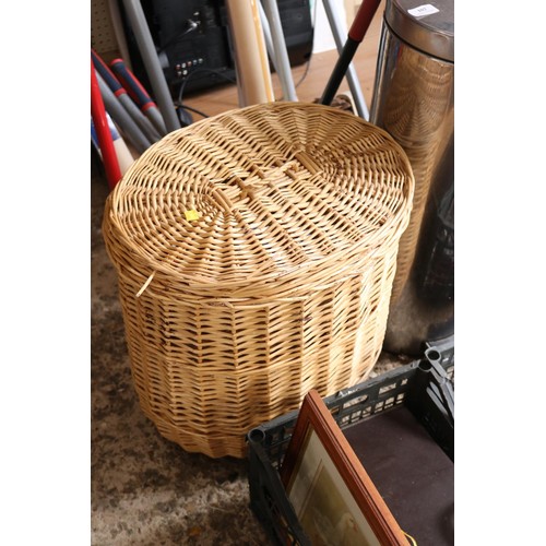 102 - Wicker basket, bin, mops, brush, tools, etc