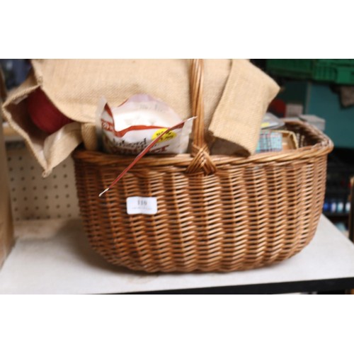 110 - Basket of sewing items & a bag of wool