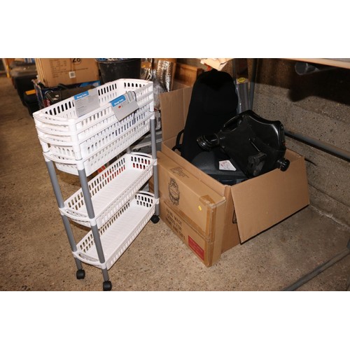 199 - Large box, incl back rests, booster seat, shredder, storage trolley, etc - warranted until 12 noon T... 