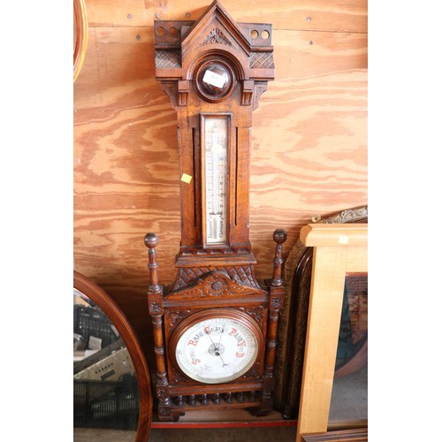 601 - Ornate antique oak carved barometer & themometer