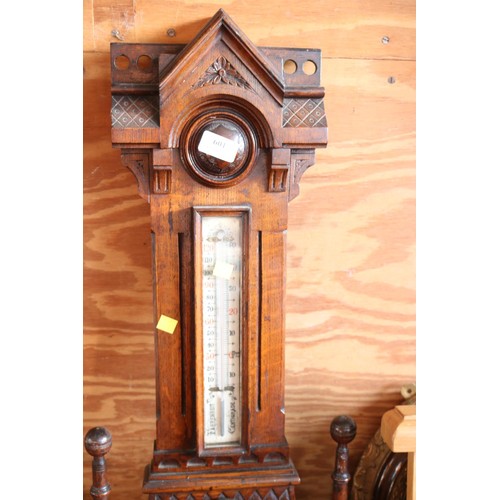 601 - Ornate antique oak carved barometer & themometer