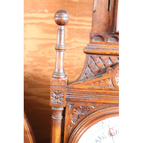 601 - Ornate antique oak carved barometer & themometer