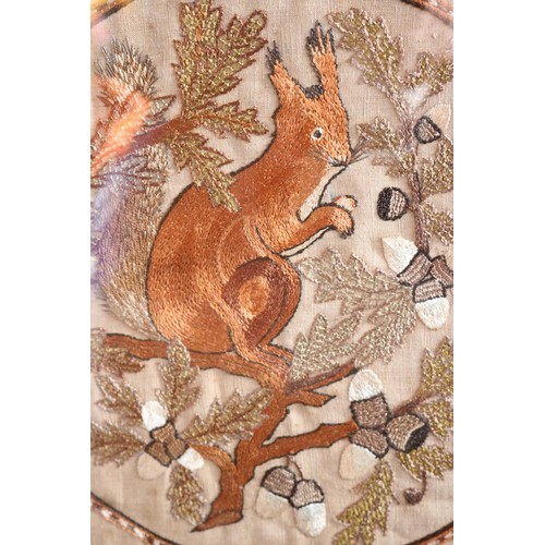 602 - antique framed needlework picture of squirrel in oak tree dated 1900 on back