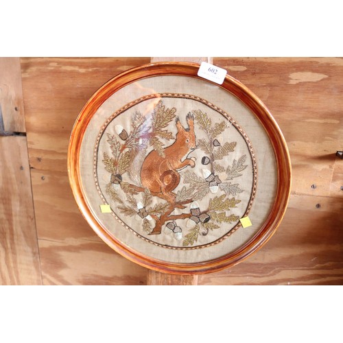 602 - antique framed needlework picture of squirrel in oak tree dated 1900 on back
