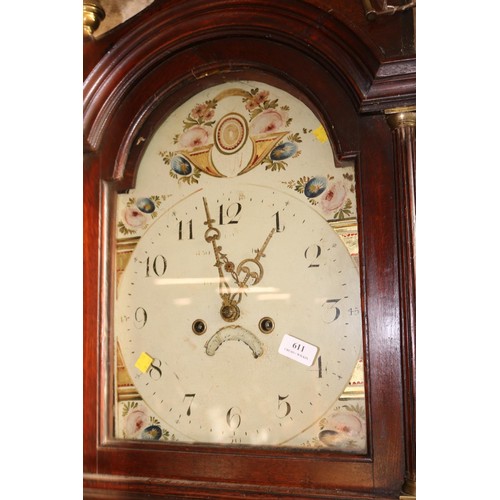 611 - Antique oak long cased clock, painted dial with key (a/f)