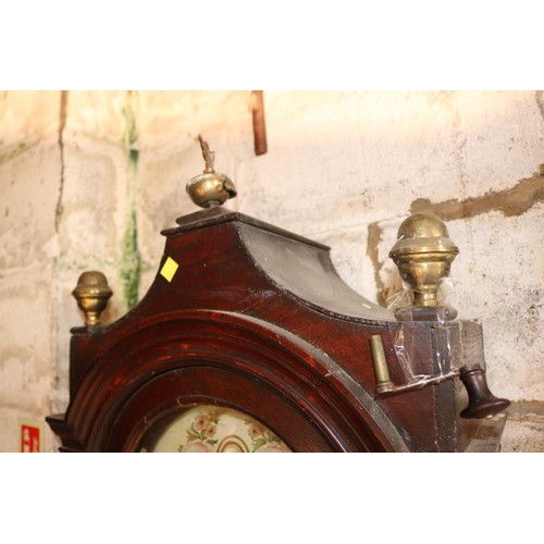 611 - Antique oak long cased clock, painted dial with key (a/f)