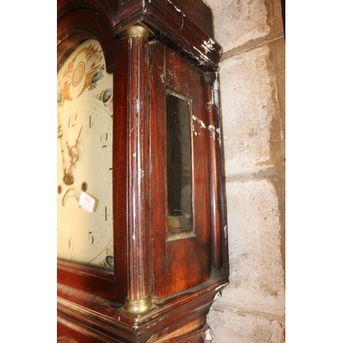 611 - Antique oak long cased clock, painted dial with key (a/f)