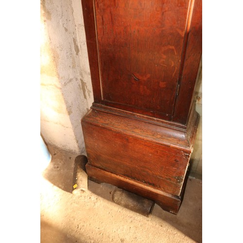 611 - Antique oak long cased clock, painted dial with key (a/f)