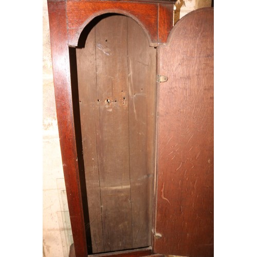 611 - Antique oak long cased clock, painted dial with key (a/f)