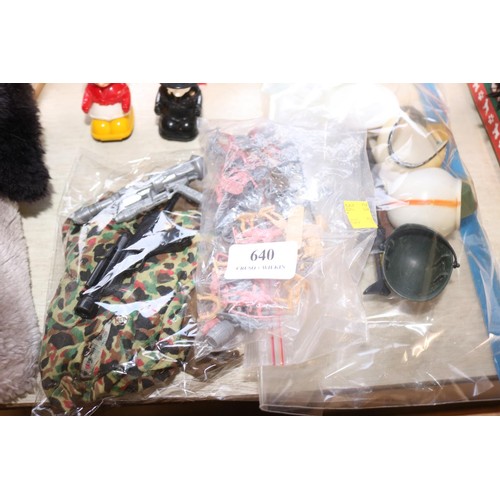 640 - Vintage toys - Action Man early clothes, hates, etc. Matchbox roller castle set, Star Wars bean set,... 