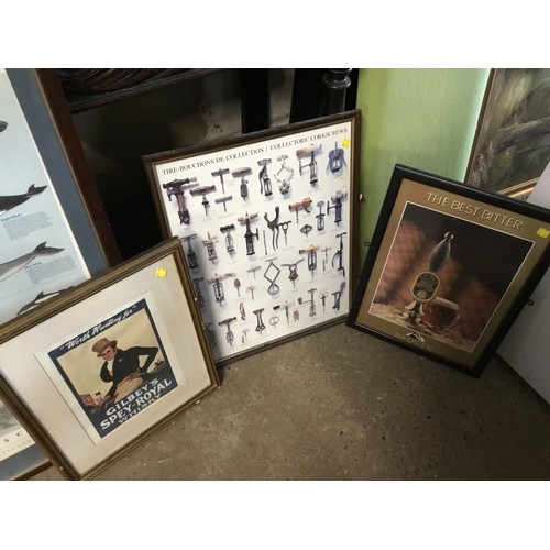 610A - Framed prints - corkscrews, Gilbey whiskey, Badger boor