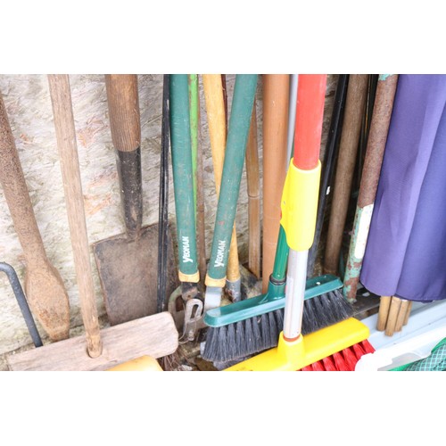 4 - Qty of garden tools, brolly, canes, brooms & hose