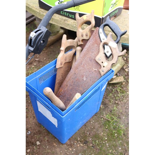 45 - Box of old saws, tools. etc