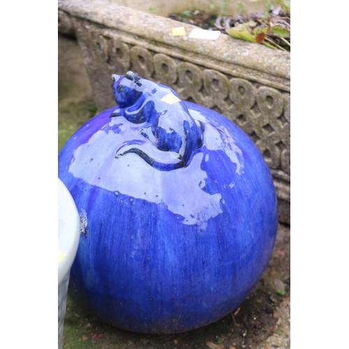 95 - Blue glazed cat on ball ornament & glazed pot