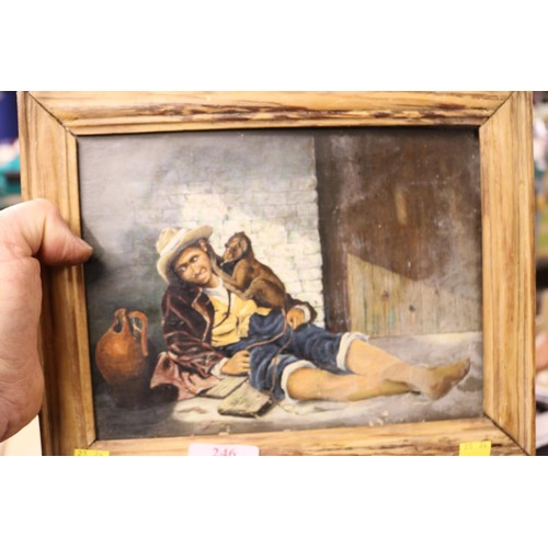 246 - Small antique oil painting of a man with a monkey