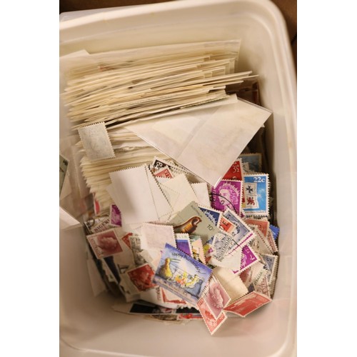 336 - Box of GB & foreign stamps, 3x tins, 3x tubs