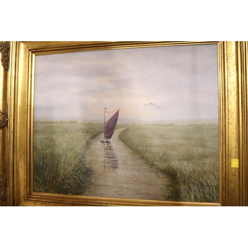 552 - Large oil painting of of Norfolk wherry in ornate gilt frame