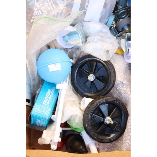 17 - Box of various wheels, plumbing, pipes, etc