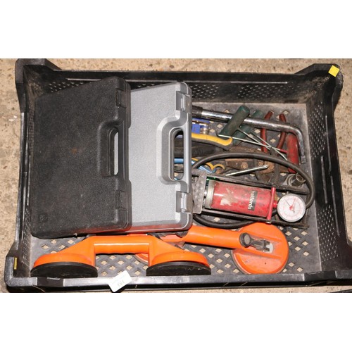 153 - Box of various hand tools with 2 soldering irons