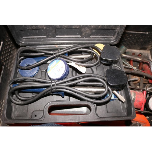 153 - Box of various hand tools with 2 soldering irons