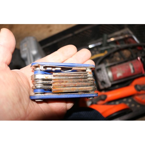153 - Box of various hand tools with 2 soldering irons