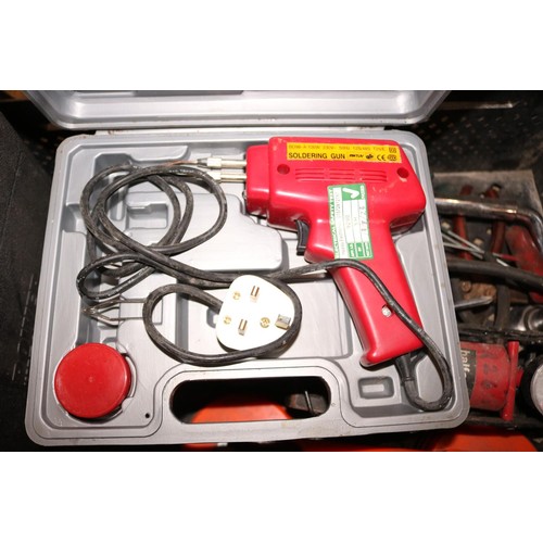153 - Box of various hand tools with 2 soldering irons