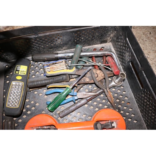 153 - Box of various hand tools with 2 soldering irons
