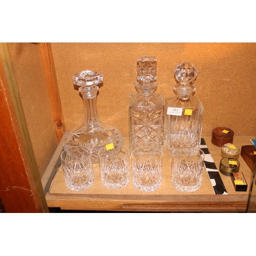 561 - 3 heavy glass decanters & 4 whiskey tumblers